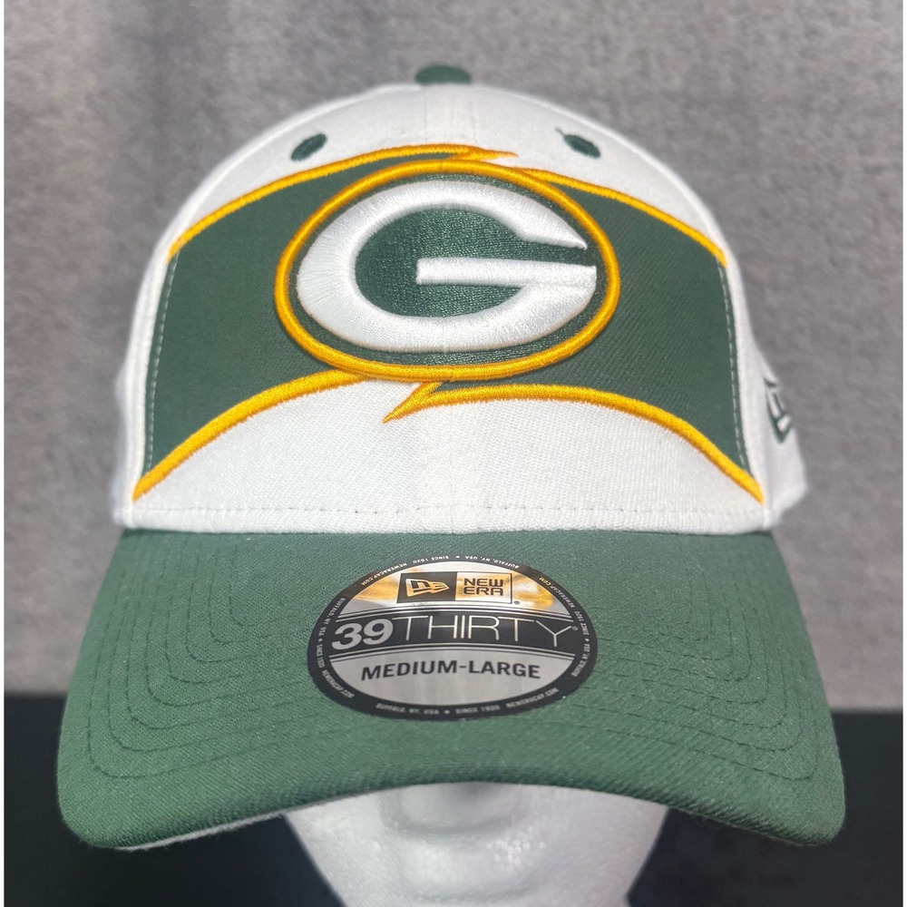 New Era Green Bay Packers Hat Mens M/L White Green NFL 39THIRTY Stretch Fit Cap